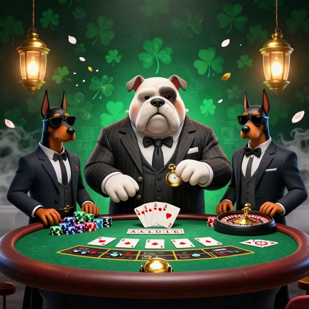 Bulldog mob boss with Dobermans at a glowing casino poker table, chips, cards, and spinning roulette wheel.