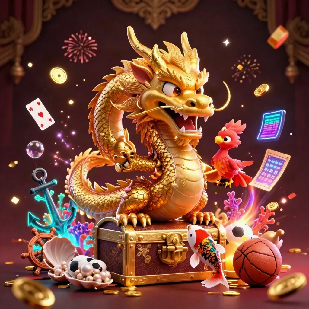 Golden dragon treasure cove with phoenix, koi, and casino sports props in luxe neon light
