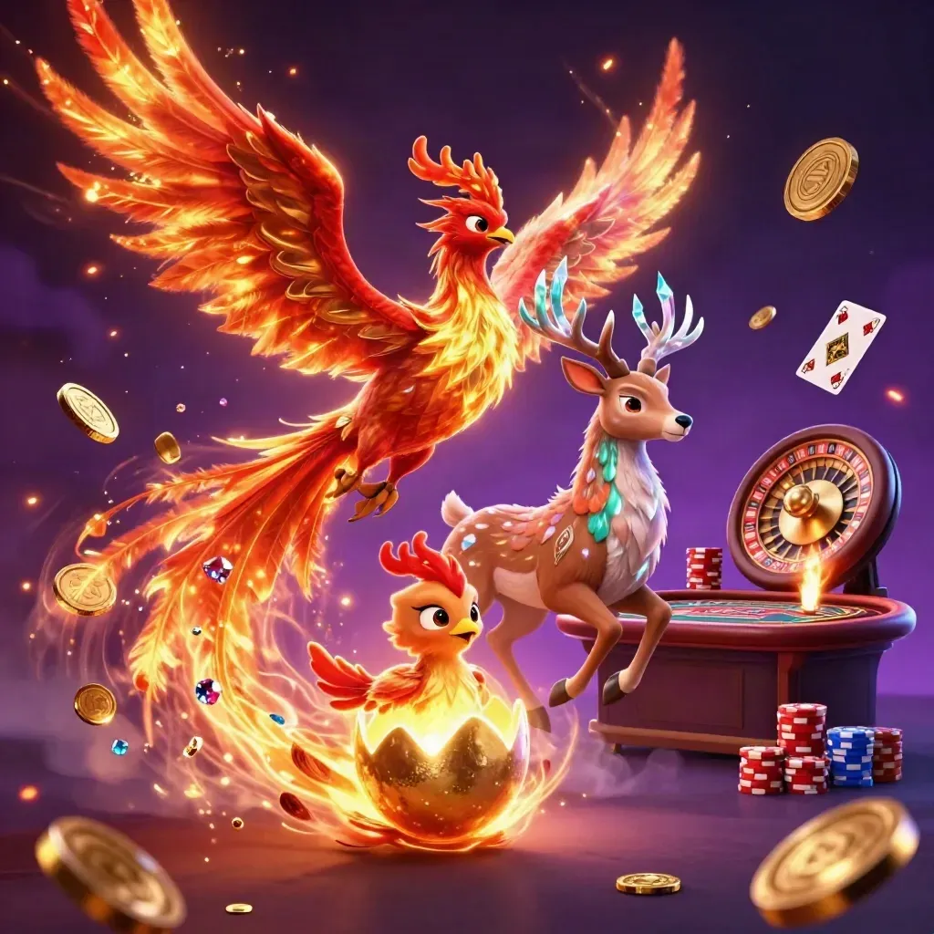 Phoenix, stag, and casino treasures swirling in a luxe purple-gold live casino scene.