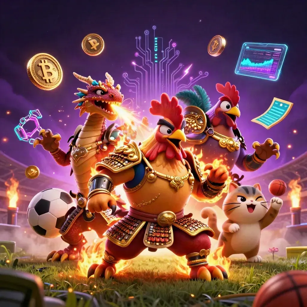 Low-angle casino key art: rooster warrior, dragon hatchling, fortune-cat, coins, balls, and sparks.