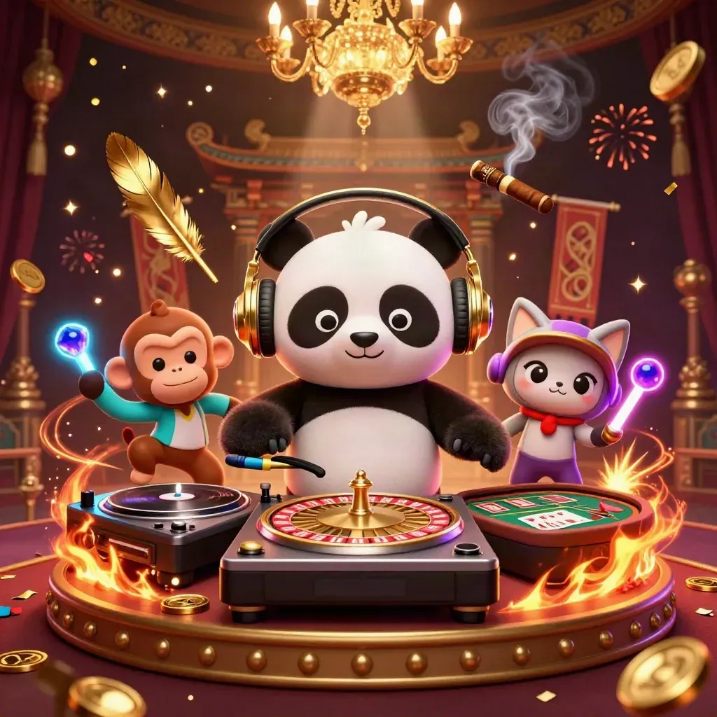DJ panda, monkey, and glow kitten in a luxe casino scene with roulette lights and confetti.