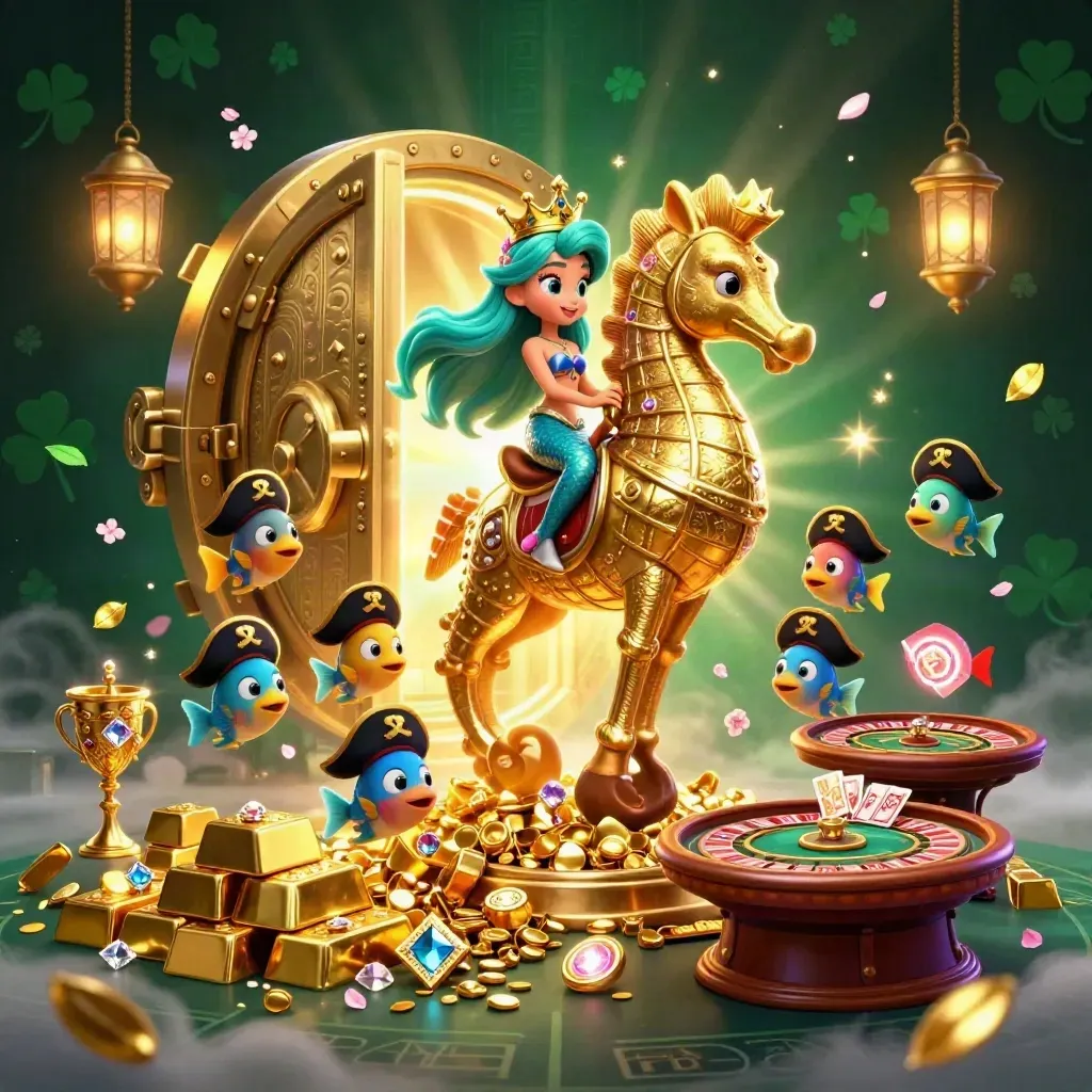 Mermaid princess and pirate fish amid vault gold, gems, and casino lights in a luxe emerald scene.