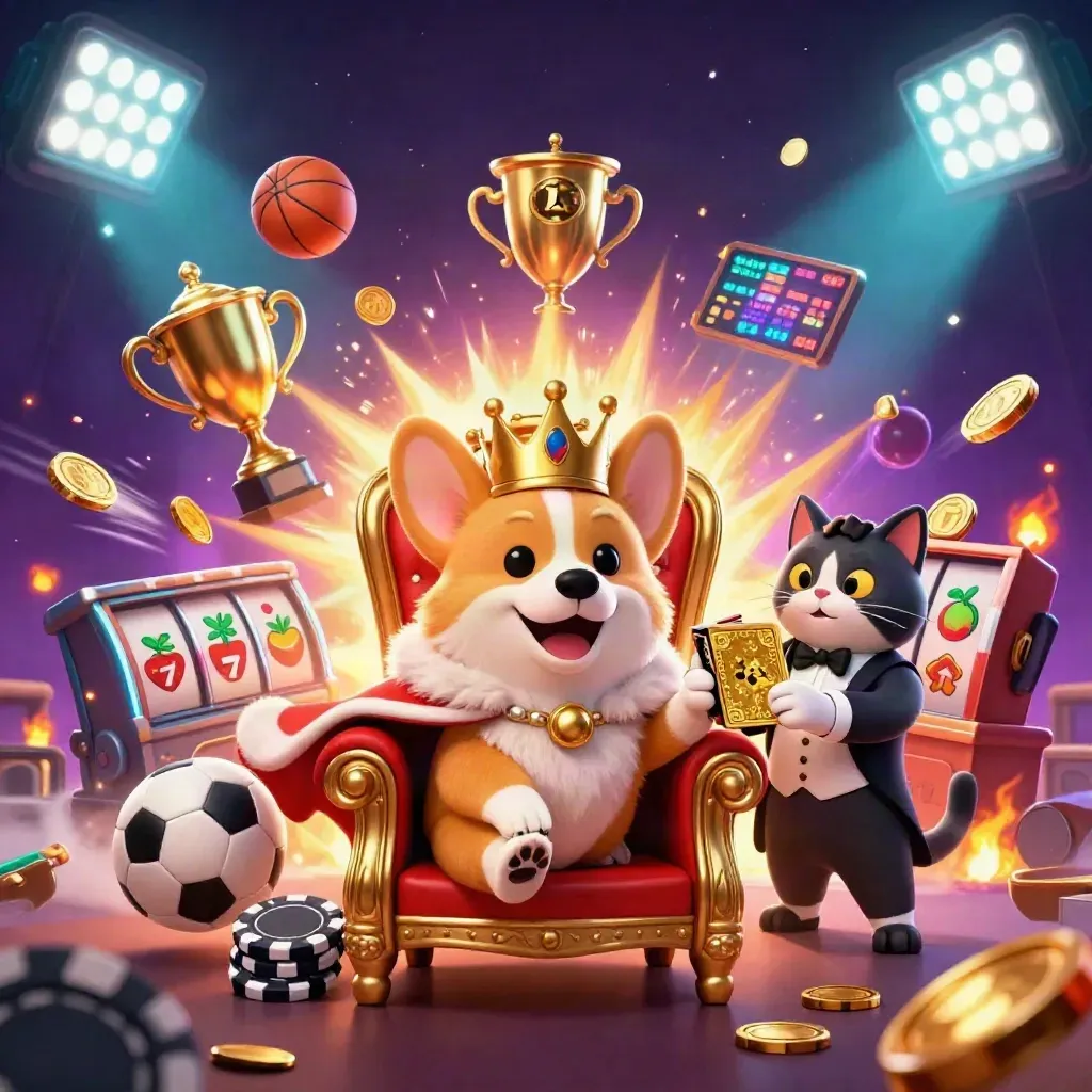 Crowned corgi and cat butler amid sports balls, coins, reels, and teal casino magic.