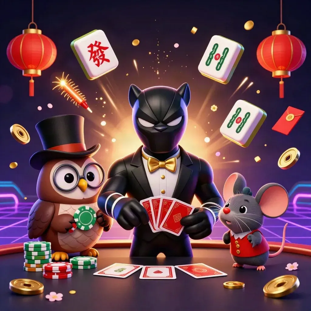 Panther, owl, and mouse deal cards amid gold coins, lanterns, petals, and neon glow.