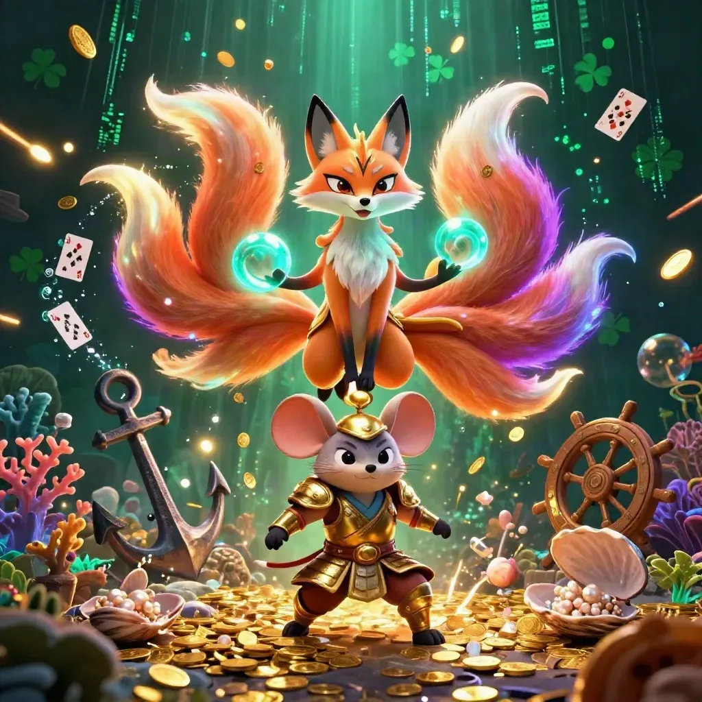 Nine-tailed fox spirit and armored mouse amid coin bursts, coral, cards, and treasure in neon casino glow.