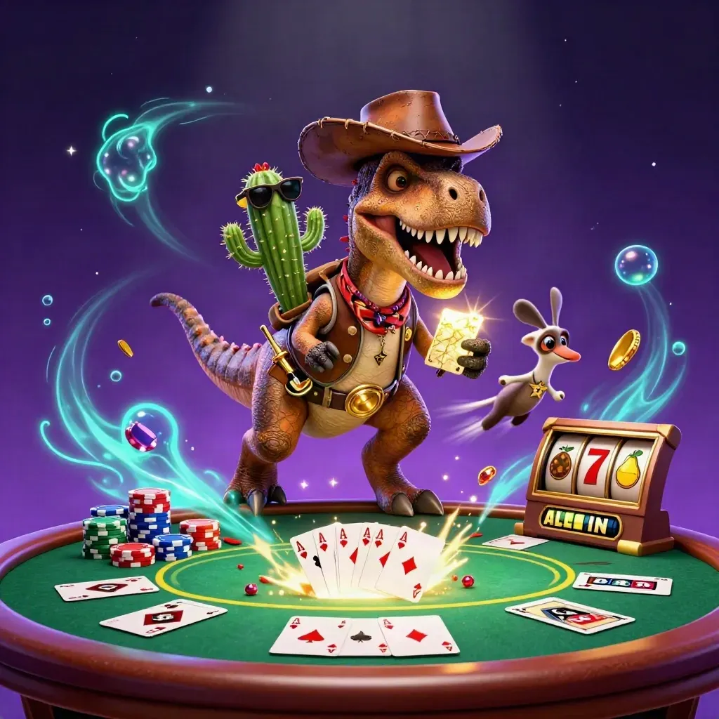 Cowboy T-Rex, cactus sidekick, and roadrunner amid poker chips, aces, and neon casino energy.