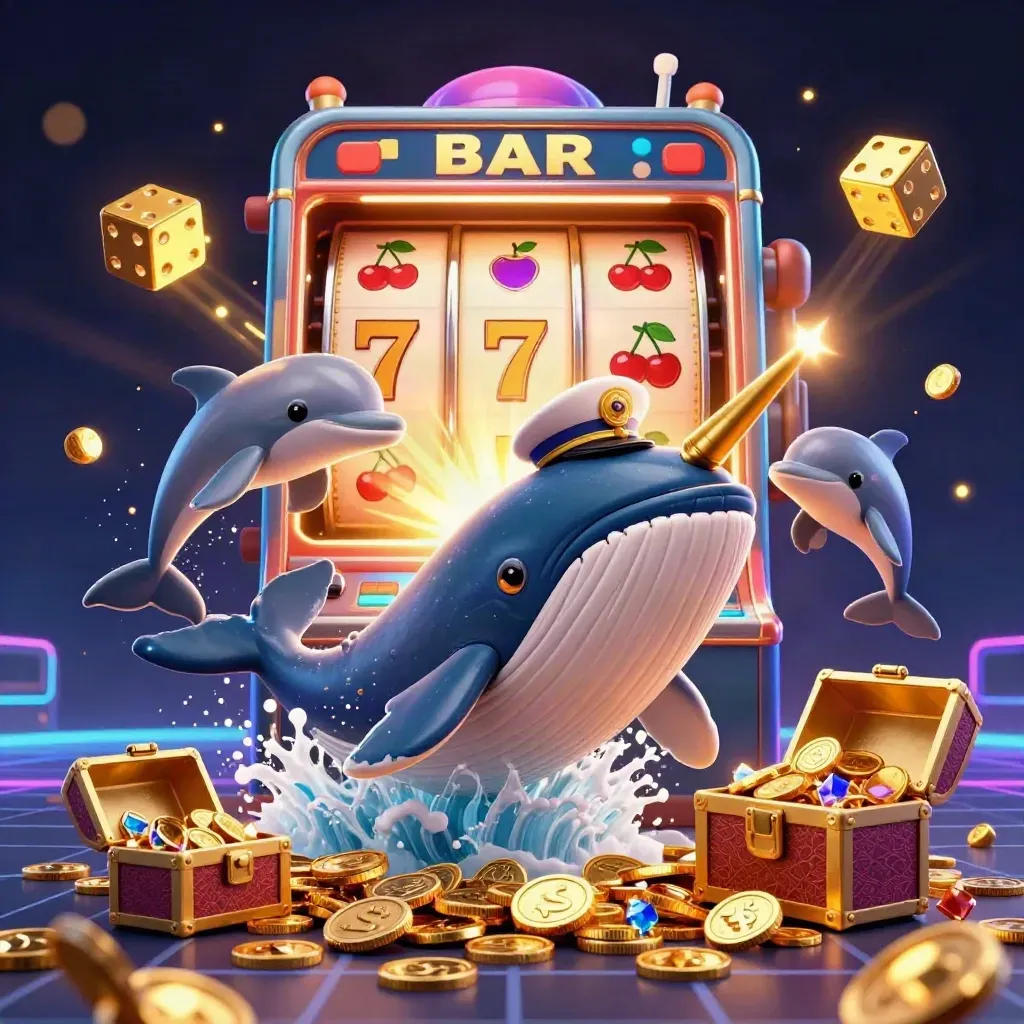Whale captain, narwhal, and dolphins burst through coins beside a glowing slot machine and treasure chest.