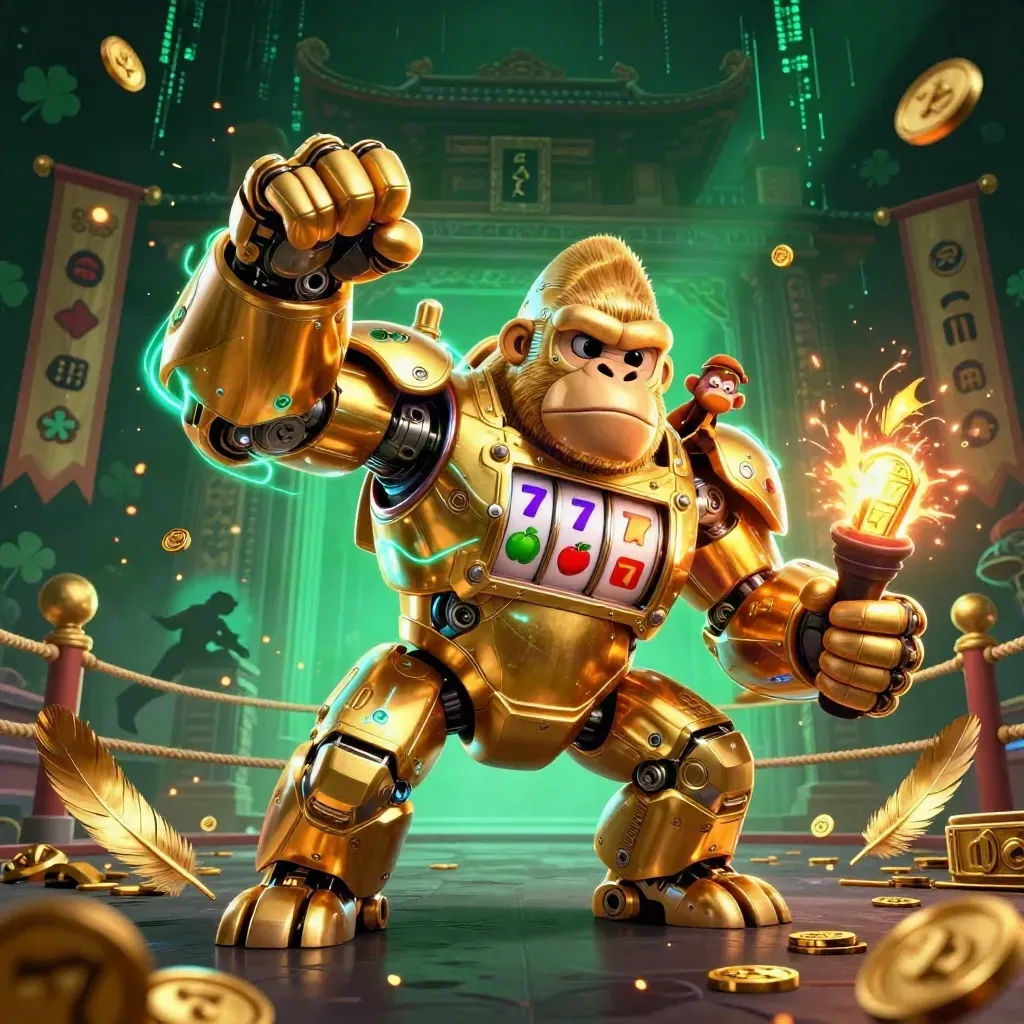 Golden gorilla mech with tiny monkey pilot, slot reels and teal energy exploding in a dark casino jungle
