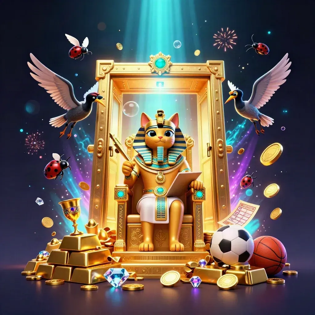 Pharaoh cat, ibis scribe, and gem-wing scarabs burst from a gold vault with coins and sports props.