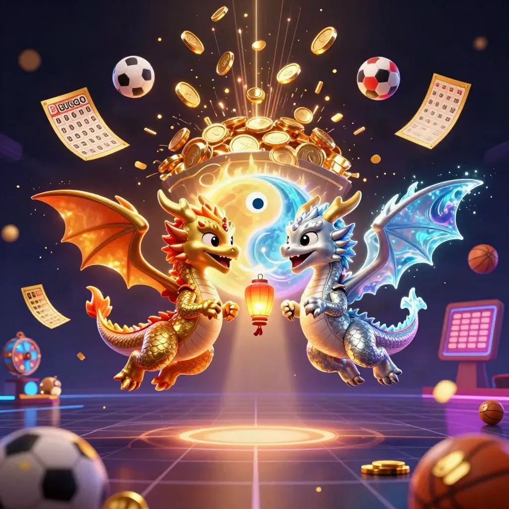 Gold and silver dragons swirl with coins, lottery balls, prize wheel, and casino neon glow.