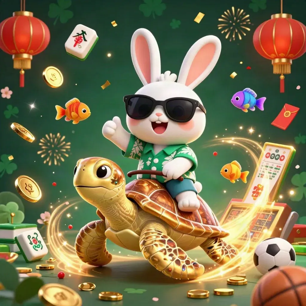 Rabbit rider on a golden turtle amid coins, fireworks, lanterns, and casino luck symbols