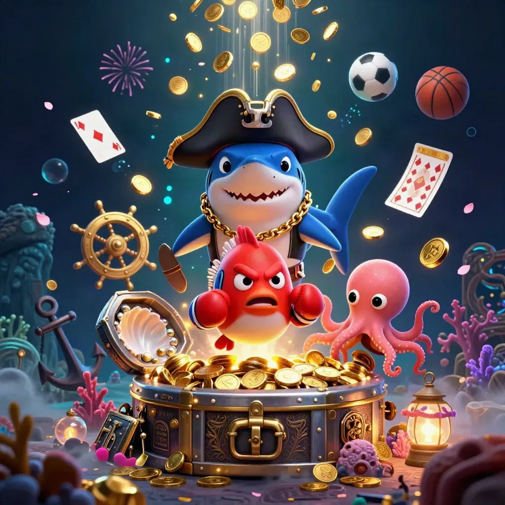 Shark captain, boxing pufferfish, and coin-juggling octopus in a treasure burst underwater.