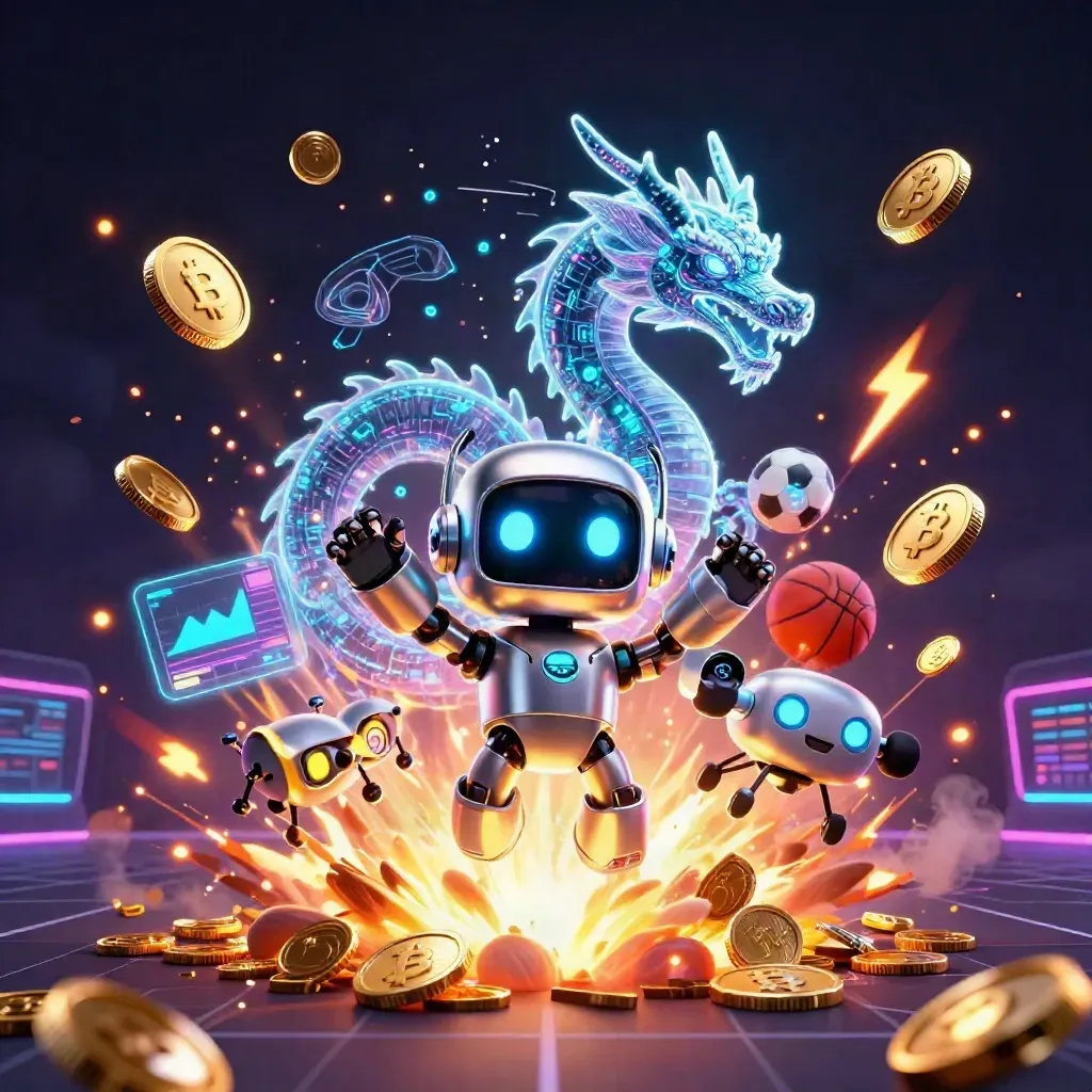 Cyberpunk robot, holographic dragon, and coin drone amid vault burst, sports balls, and neon crypto glow.