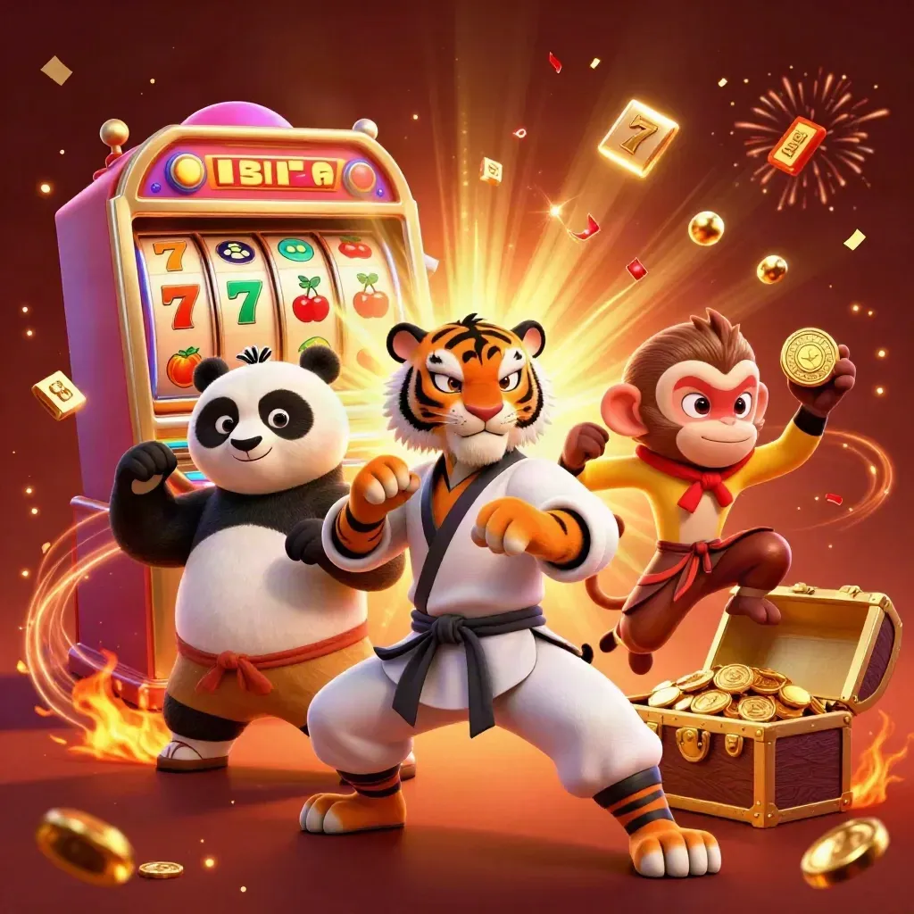 Kung-fu tiger, panda, and monkey amid exploding slot symbols and gold, on a dark fiery casino backdrop.