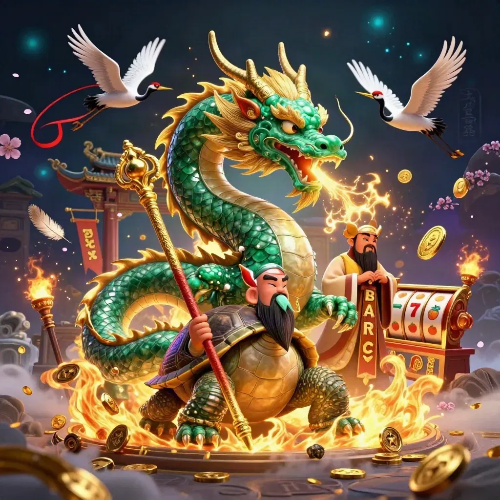 Emerald dragon, turtle sage, and cranes in a luxe casino fantasy with coins, reels, and golden fire