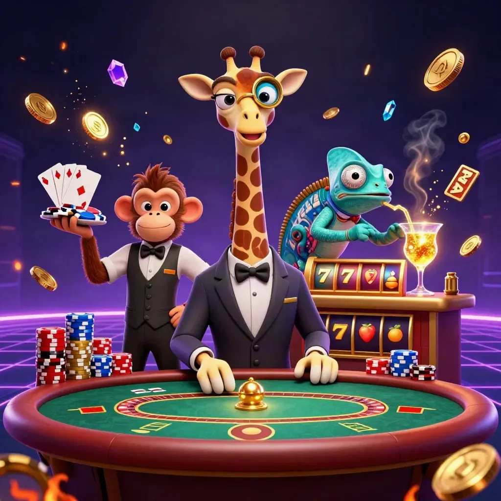 Giraffe high-roller, monkey valet and chameleon bartender amid chips, coins and neon casino glow.