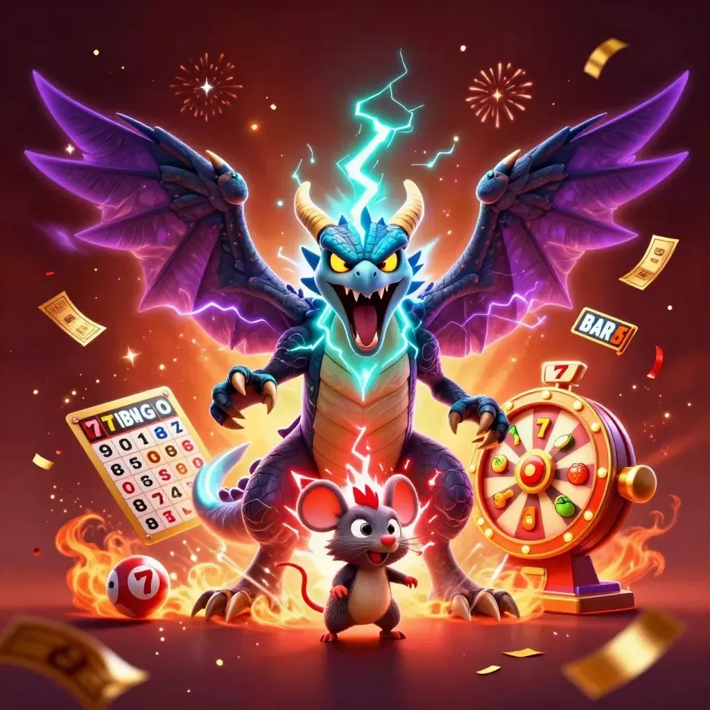 Thunder dragon, wind hawk, and static mouse amid casino reels, bingo card, and prize wheel.