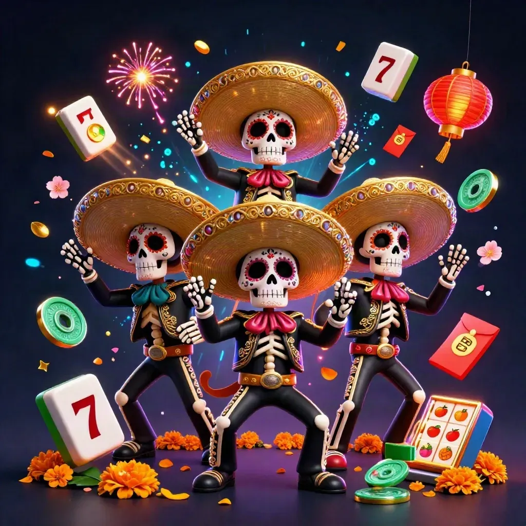 Day-of-the-Dead skeleton mariachi trio amid jade coins, lanterns, and casino effects on dark navy.