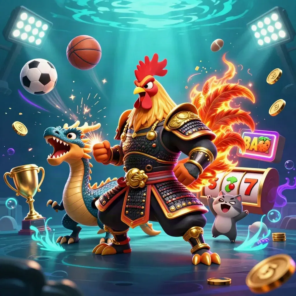 Rooster warrior, dragon hatchling, and fortune-cat amid casino balls, coins, reels, and underwater glow.