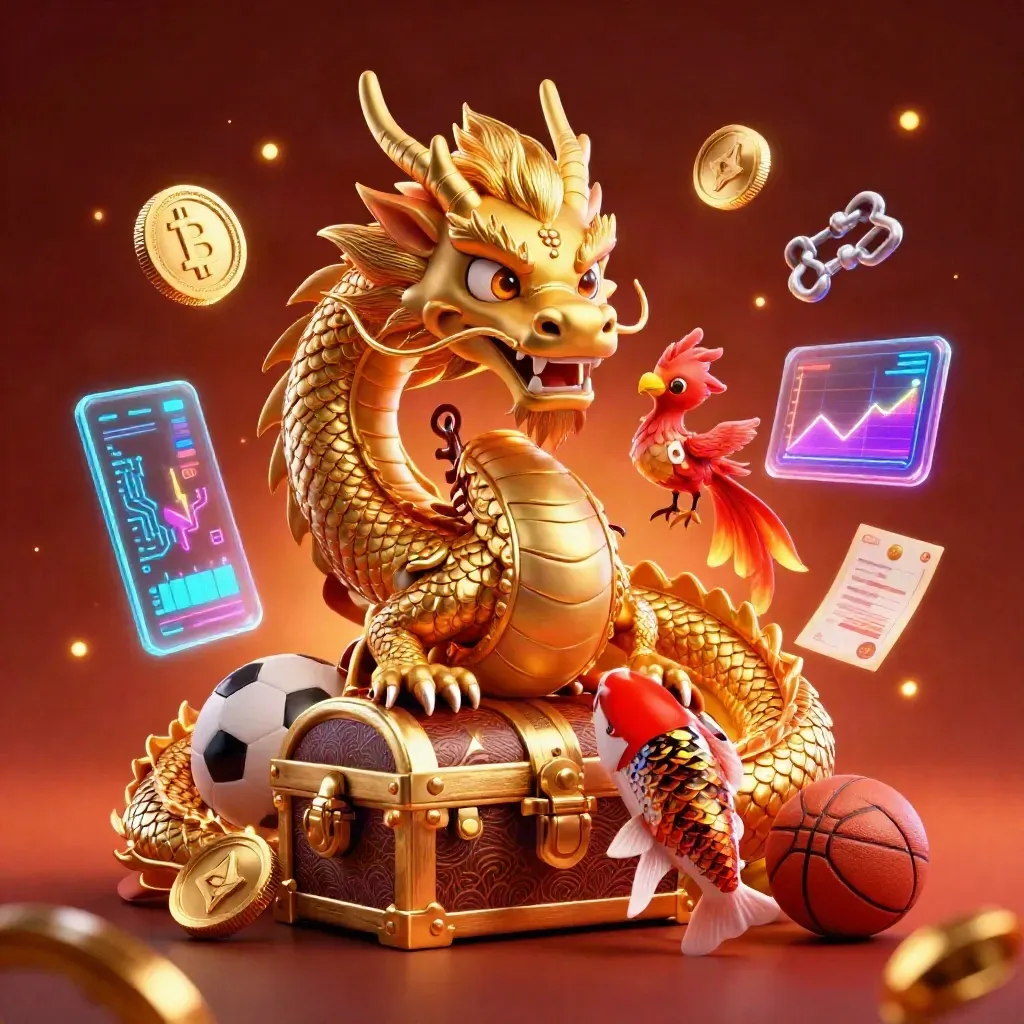 Golden dragon with phoenix and koi, surrounded by neon coins, sports balls, and casino glow