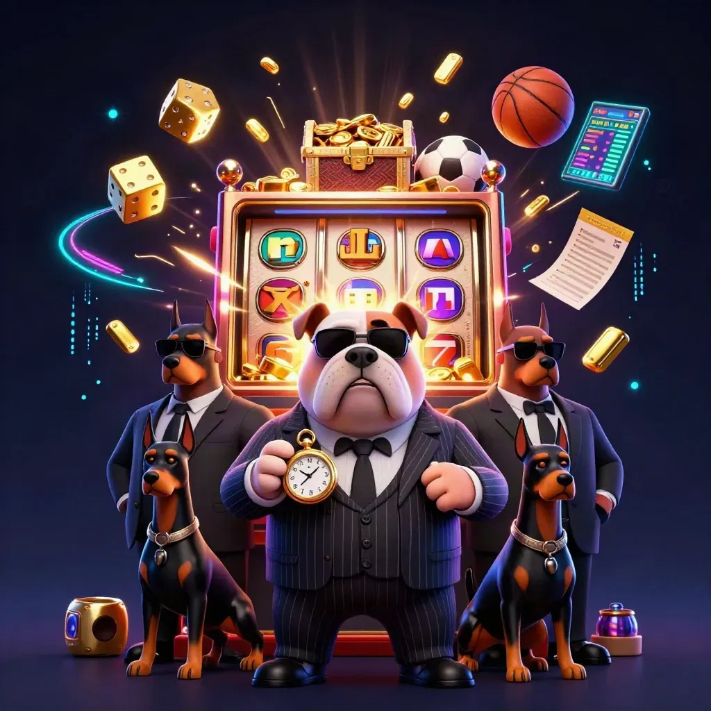 Bulldog boss with two Dobermans beside a bursting slot machine and gold treasure.