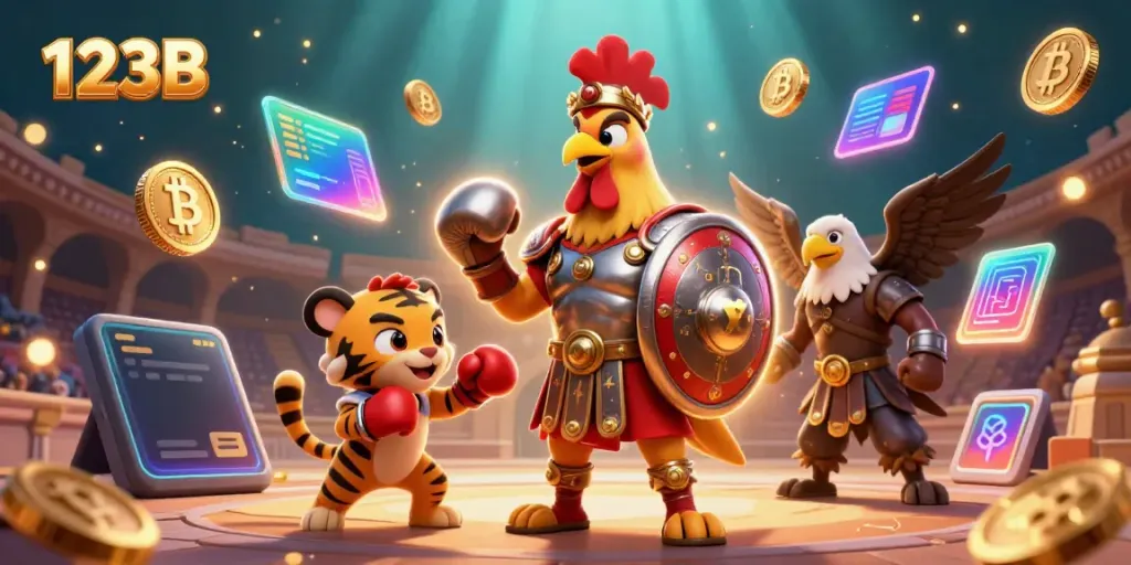 Experience thrilling wins at 123B Casino with roaring characters amid vibrant game elements.