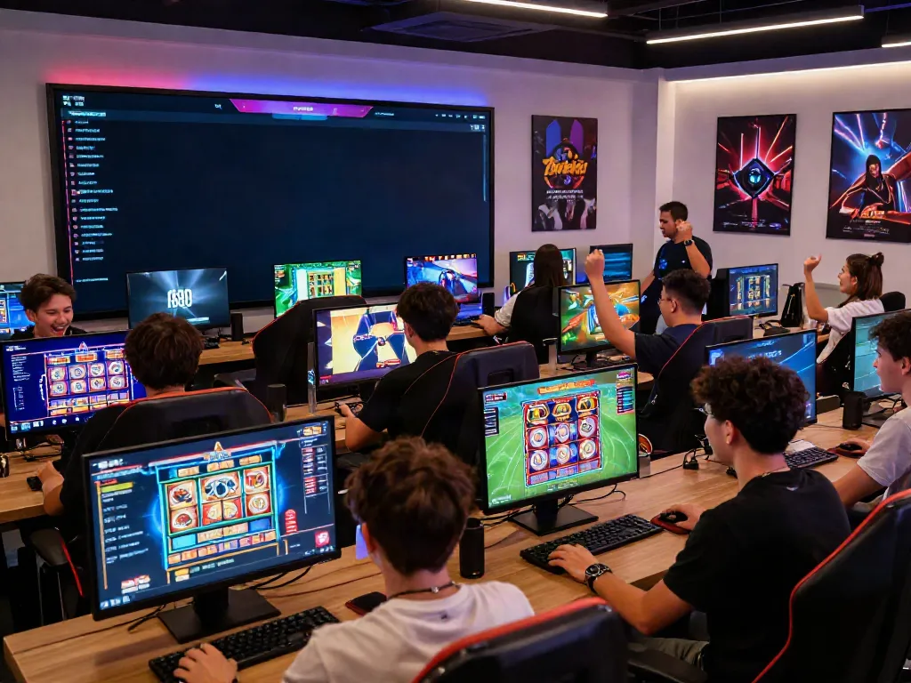 Engaging A80 gaming platform scene with diverse players enjoying various games.