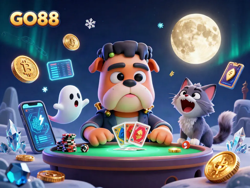 Engage in thrilling gameplay with GO88, featuring a cartoon bulldog dealer and ghostly mouse amidst virtual casino elements.