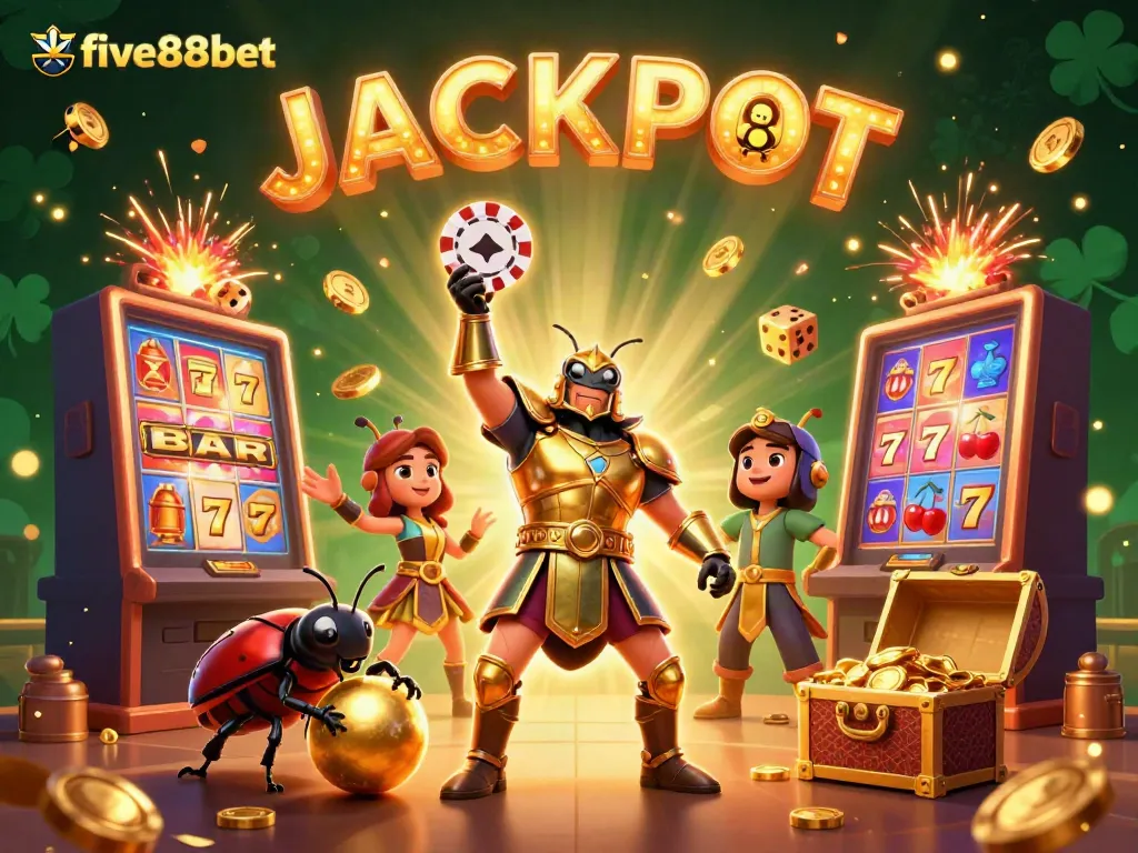 Join five88bet's jackpot celebration with vibrant characters in a casino-themed dynamic scene.