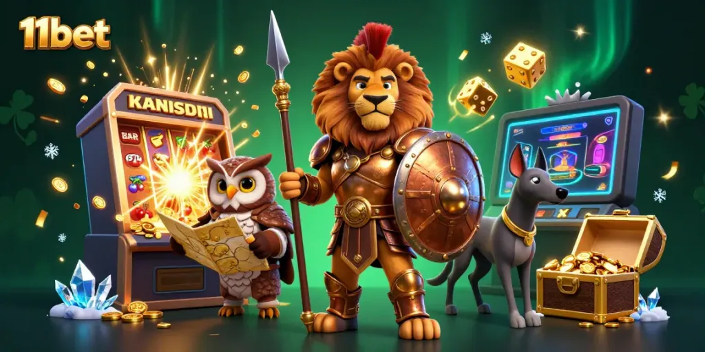 Experience the thrill of 11bet with an exciting gambling scene featuring animated characters and jackpots.