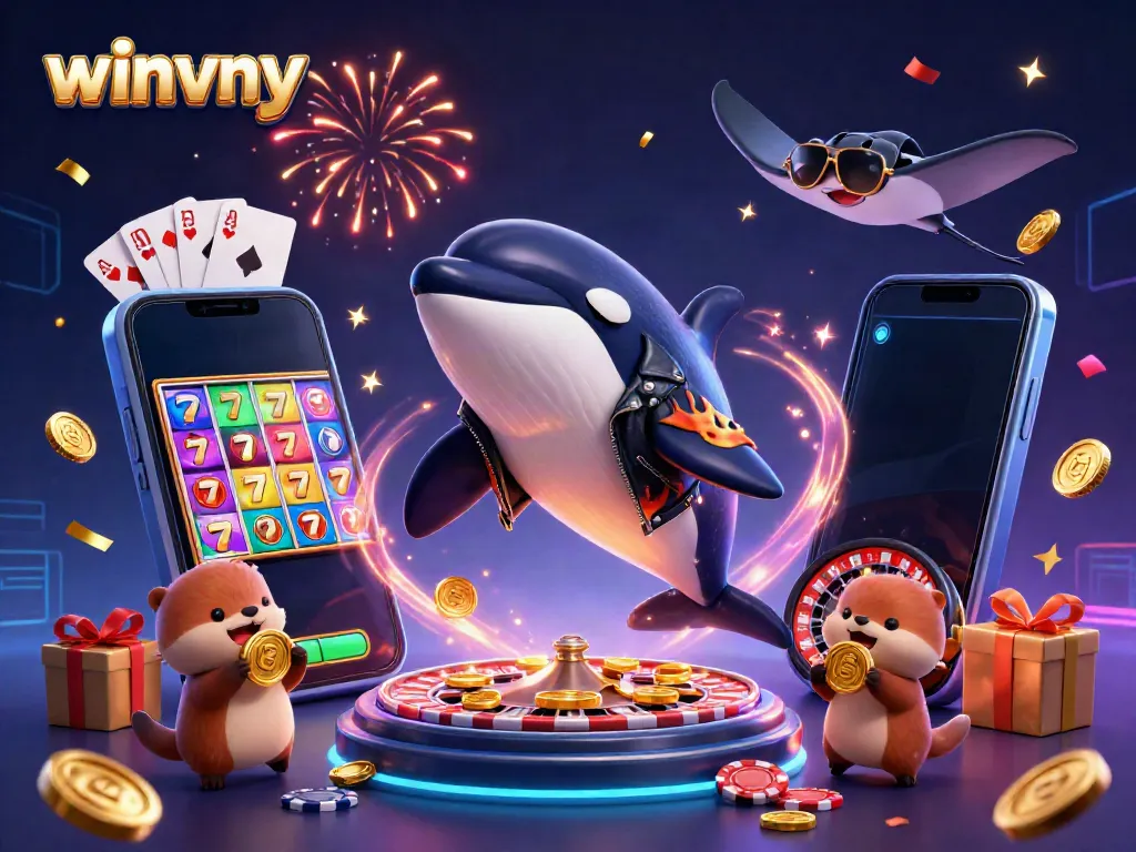 Winvny illuminates the gaming experience with a vibrant underwater scene featuring an orca, a stingray, and otters enjoying a golden jackpot.