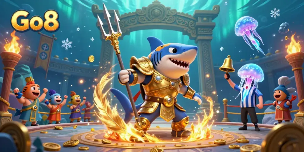 Engage in thrilling gameplay at Go8's underwater casino with a gladiator shark and cheering fish.