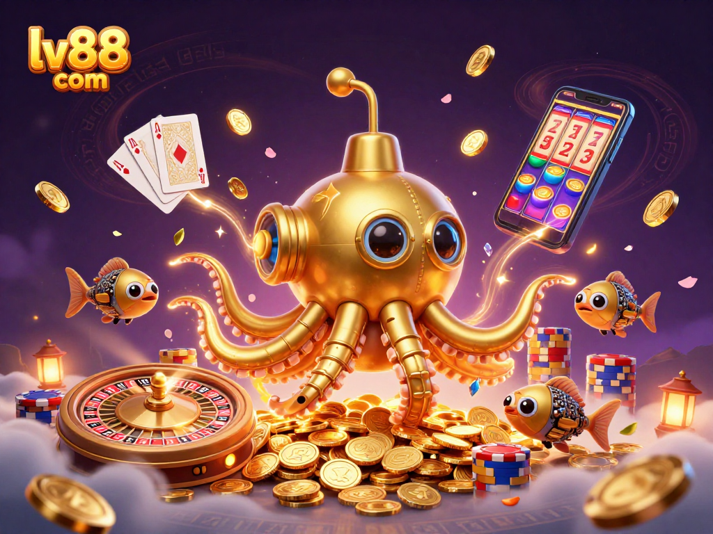 Engage in thrilling games at lv88 com as a golden kraken submarine emerges from gold coins amid dynamic casino action.