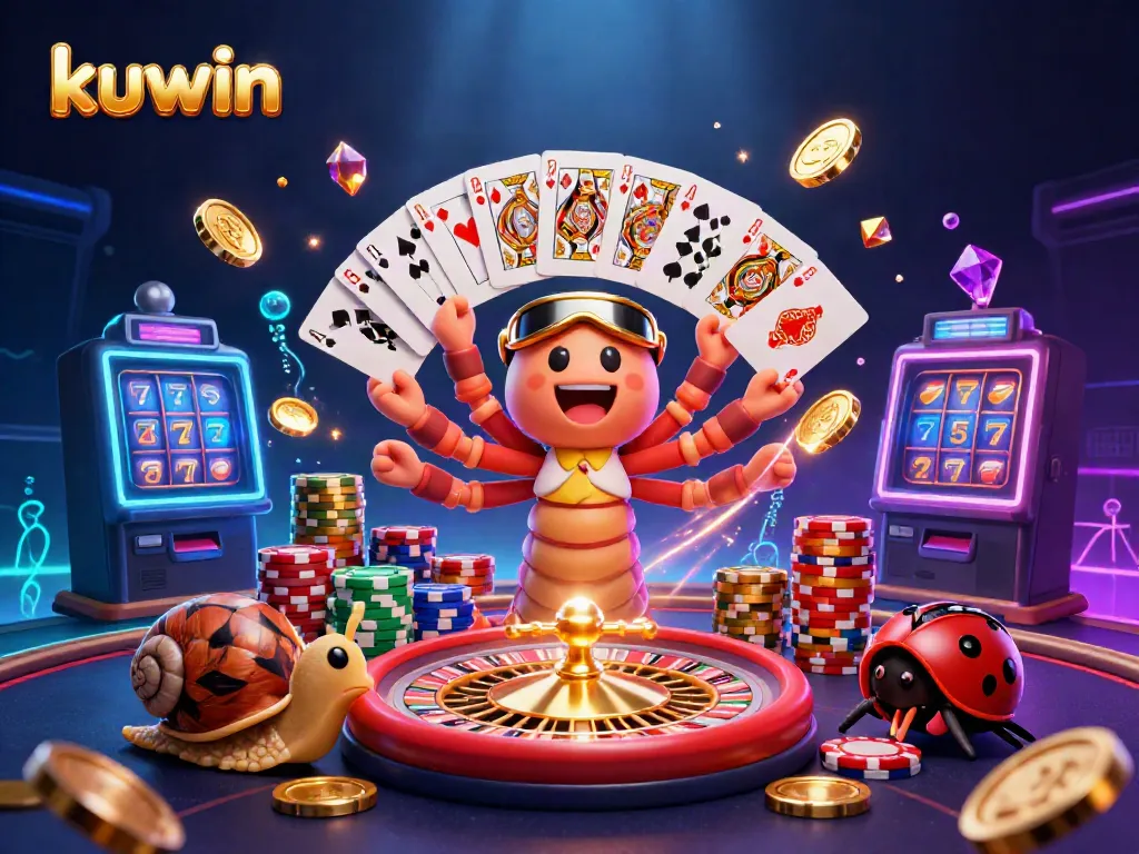 Spin the reels with Kuwin's exciting casino scene featuring vibrant characters and thrilling game elements.