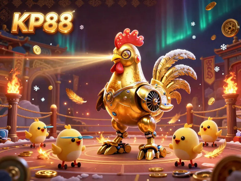 Experience the energy of KP88 with a golden rooster robot and baby chick drones in a dynamic casino setting.