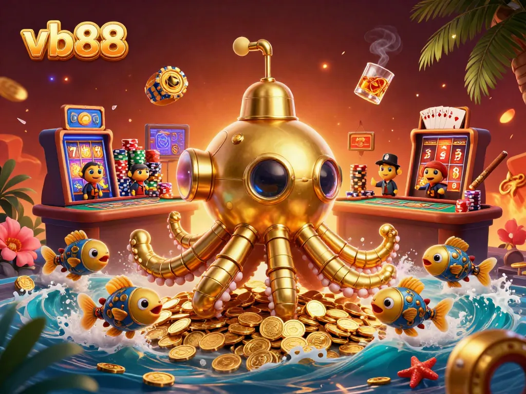 Experience the excitement of vb88 with a golden kraken submarine amidst a vibrant casino scene.