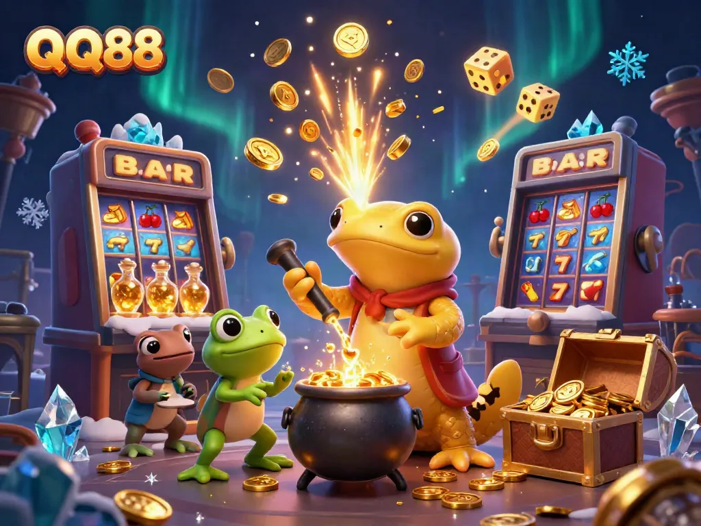 Experience exhilarating gaming at QQ88 with a vibrant 3D scene showcasing gold transformations and casino excitement.