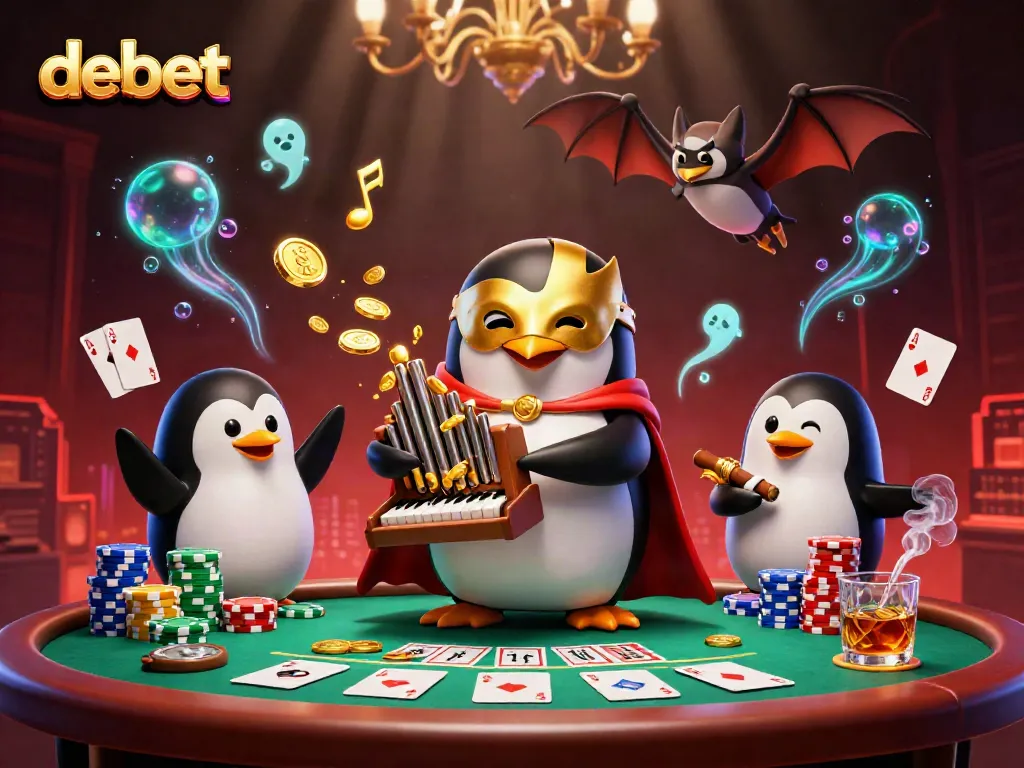 Experience the thrill of debet with a vibrant casino scene featuring a penguin organist and bat acrobat.