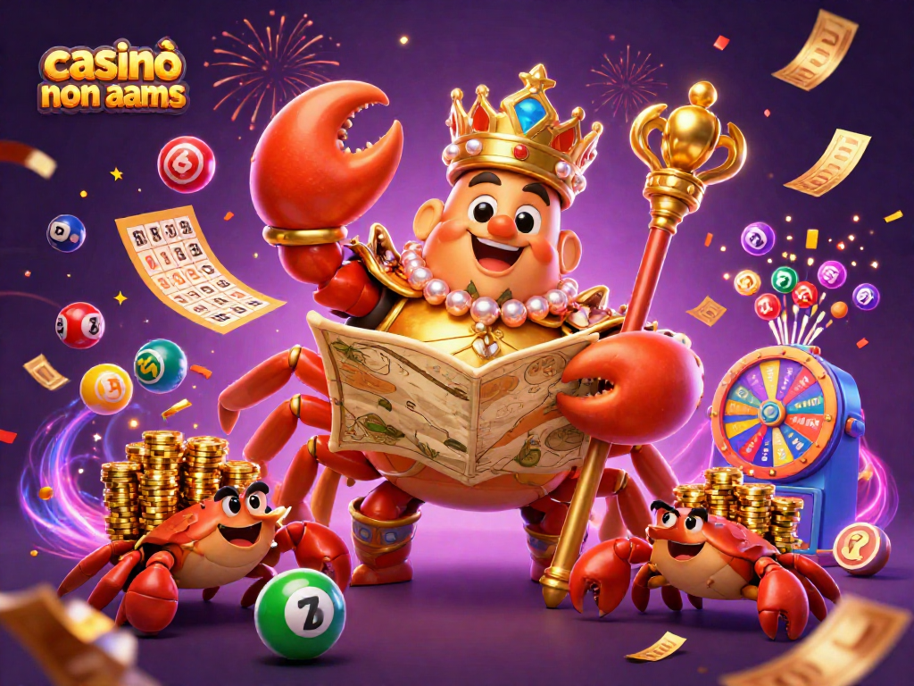 Casinò non AAMS: imperatore granchio dorato con servitori e premi festivi in un'illustrazione vibrante