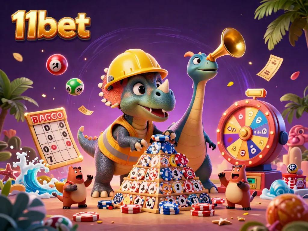 11bet celebration scene with dynamic casino elements and cheerful characters.