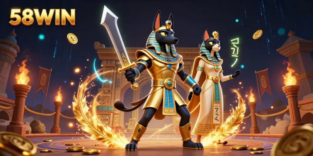 Experience the energetic atmosphere at 58WIN with ancient Egyptian warrior themes and casino elements.