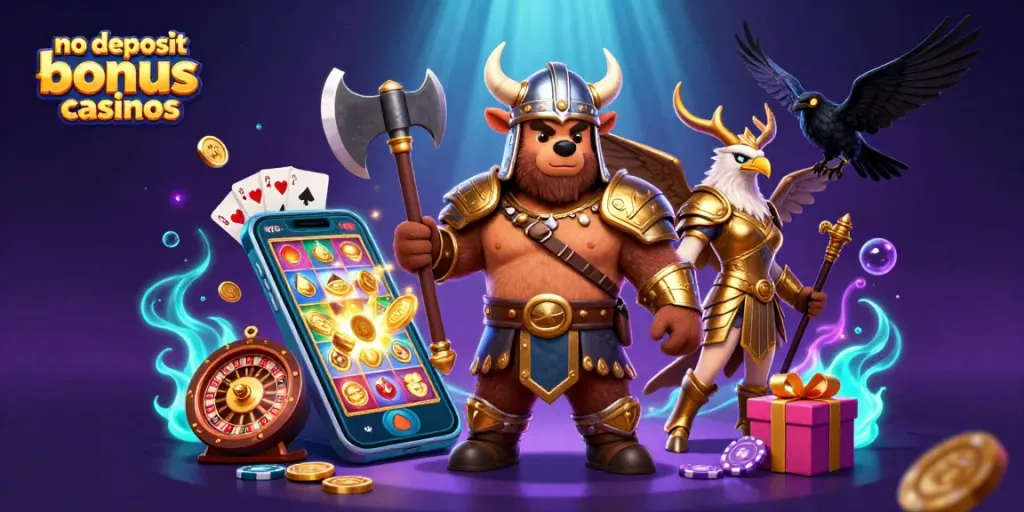 No deposit bonus casinos featuring Viking characters and casino game elements in a vibrant 3D illustration