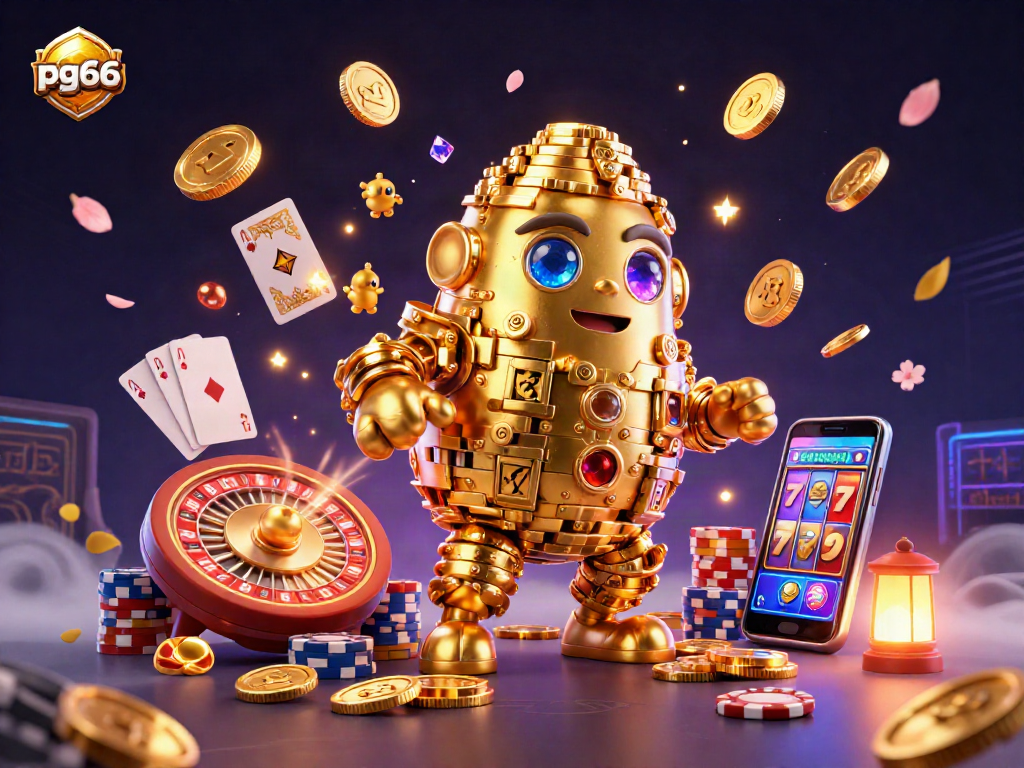 Engage with pg66's exciting casino scene featuring a golden golem and vibrant game elements.