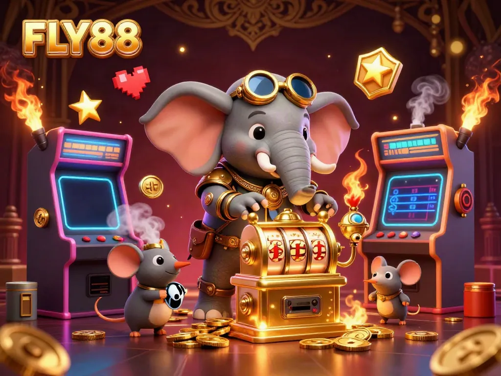 FLY88 brings excitement to life with a steampunk elephant operating a vibrant slot machine, surrounded by colorful games.