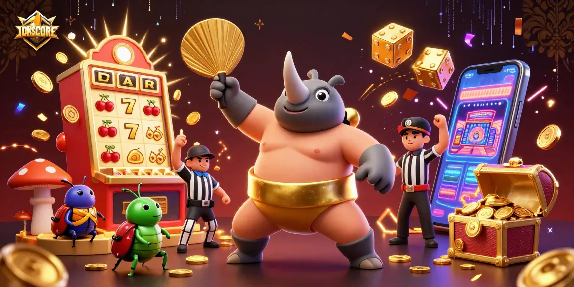 IDNSCORE shows a sumo champion beetle celebrating a jackpot, surrounded by casino elements.