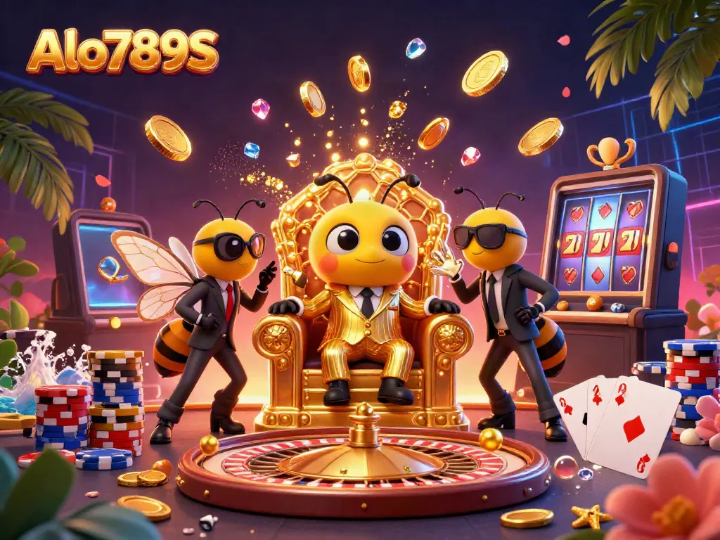 Alo789S showcases a vivid casino scene with a bumblebee mob boss, golden coins, and a spinning roulette wheel.
