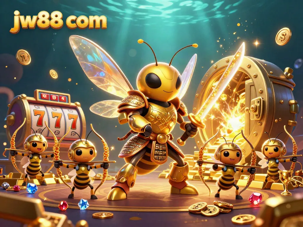 Experience the thrill of jw88 com with a fantastical scene featuring a giant golden hornet and bee archers amidst dazzling casino elements.