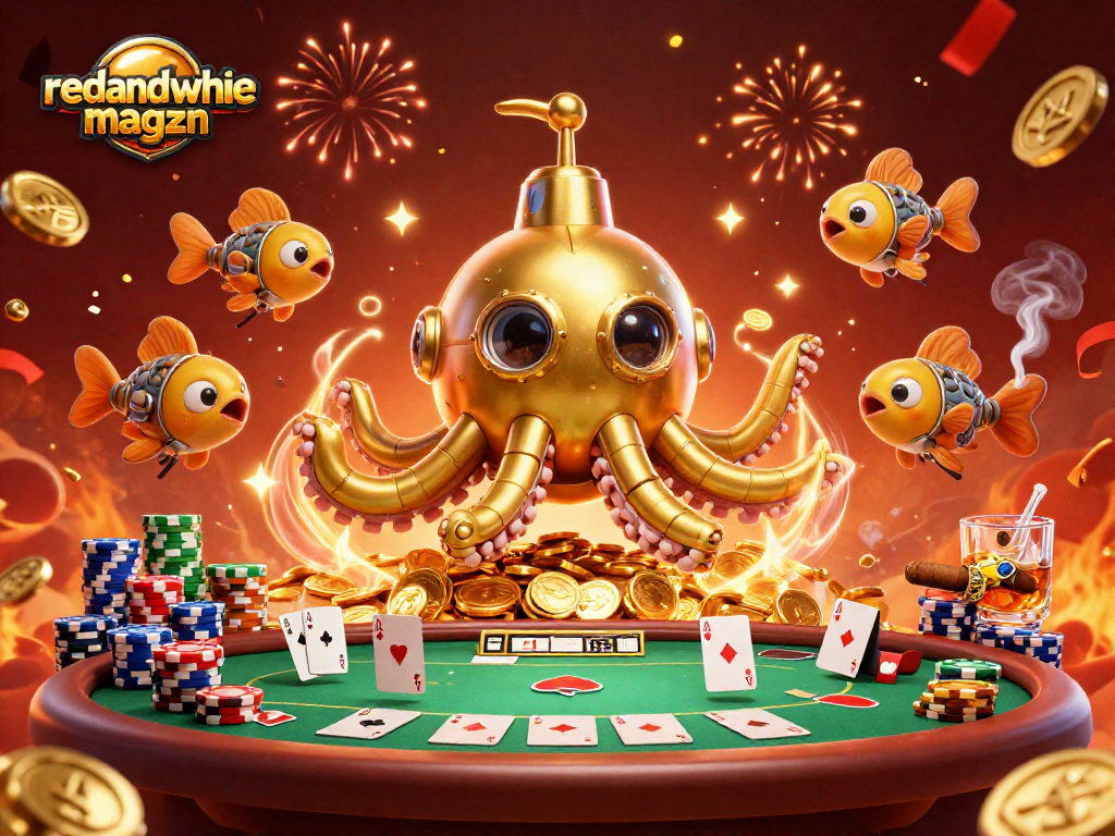 Experience thrilling poker action with redandwhitemagzn's kraken submarine amidst golden coins.