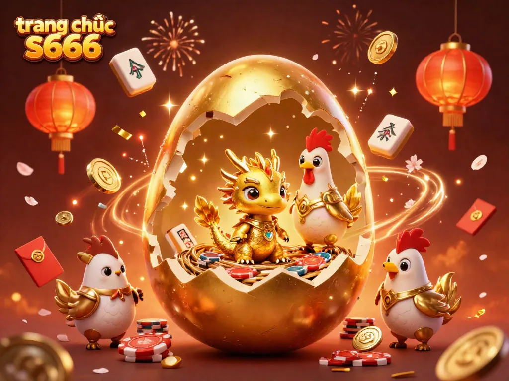 An immersive view of trang chủ s666, showcasing a golden dragon with poker chips and festive elements in a vibrant casino scene.