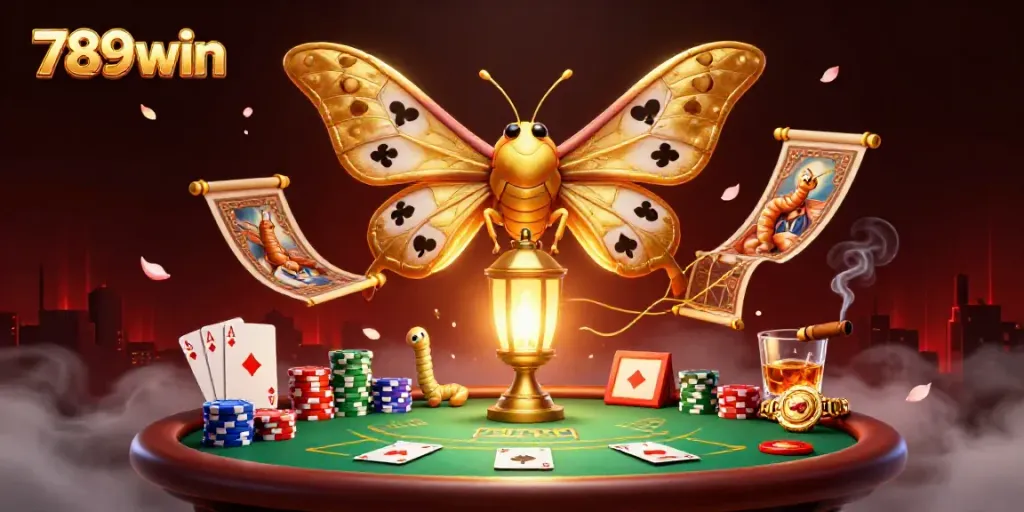Engage with 789win's vibrant casino scene, featuring a majestic 3D moth and poker elements driving the action.